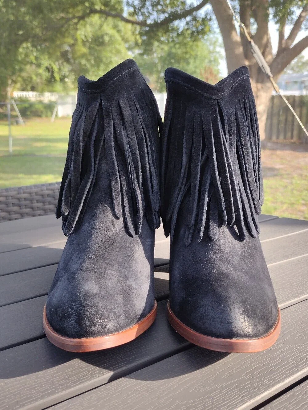 Frye Llana Black Suede Fringe Ankle Boots Western Boho Block Heel